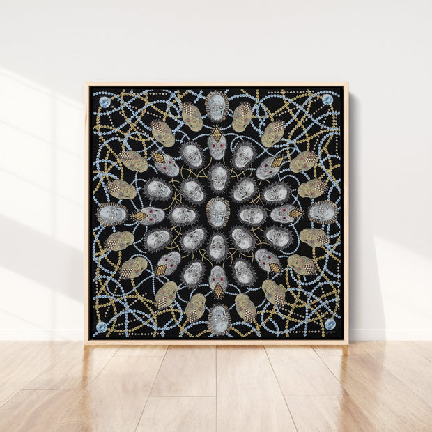 silk-scarf-street-art-london-artist-uberfubs-interior-edition-by-mocomoco-berlin-scarf-sewn-on-canvas-and-framed-in-light-wood-floating-frame-standing-in-empty-living-room