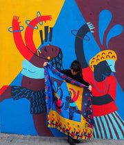 street-art-motif-barcelona-with-artist-anais-loison-wearing-silk-scarf-barcelona-from-mocomoco-berlin-colors-blue-yellow-big-140x140cm