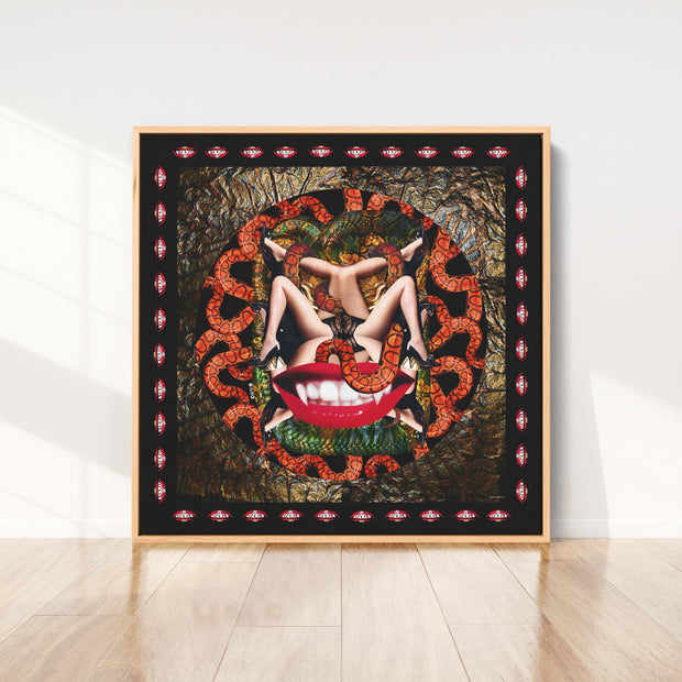 silk-scarf-street-art-new-york-artist-collagism-interior-edition-by-mocomoco-berlin-scarf-with-collage-in-memory-of-alexander-mcqueen-sewn-on-canvas-and-framed-in-light-wood-floating-frame-standing-on-wall