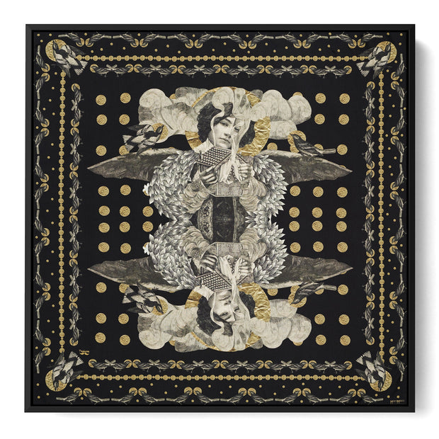silk-scarf-street-art-paris-artist-madame-moustache-interior-edition-by-mocomoco-berlin-scarf-with-collage-with-heads-of-women-black-gold-sewn-on-canvas-and-framed-in-black-wood-floating-frame