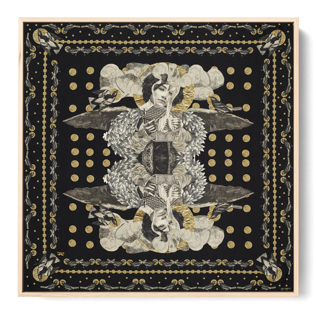 silk-scarf-street-art-paris-artist-madame-moustache-interior-edition-by-mocomoco-berlin-scarf-with-collage-with-heads-of-women-black-gold-sewn-on-canvas-and-framed-in-light-wood-floating-frame