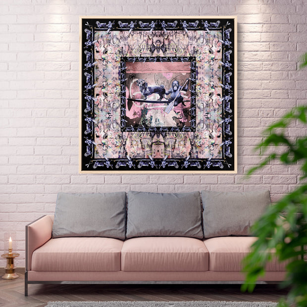 silk-scarf-street-art-berlin-cazl-mocomoco-berlin-interior-edition-scarf-on-canvas-in-floating-frame-light-wood-hanging-in-a-living-room