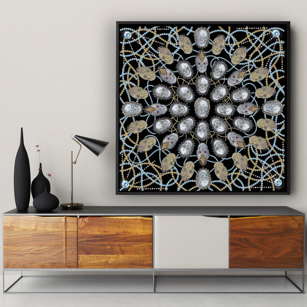 silk-scarf-street-art-london-artist-uberfubs-interior-edition-by-mocomoco-berlin-scarf-sewn-on-canvas-and-framed-in-black-wood-floating-frame-hanging-in-a-living-room