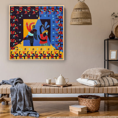 streetart-silk-scarf-street-art-barcelona-artist-anais-loison-interior-edition-by-mocomoco-berlin-scarf-sewn-on-canvas-and-framed-in-light-floating-frame-hanging-in-living-room
