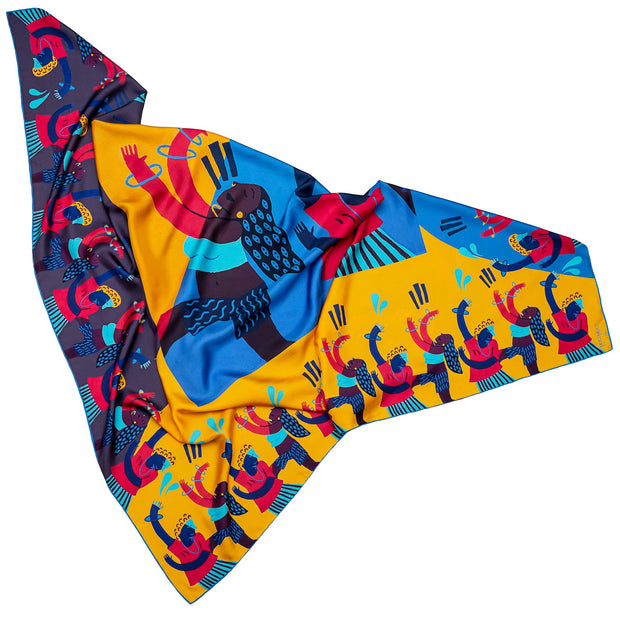 streetart-silk-scarf-barcelona-by-mocomoco-berlin-artist-anais-loison-140x140cm-blue-yellow-lying-folded-in-bird-wing-shape_1